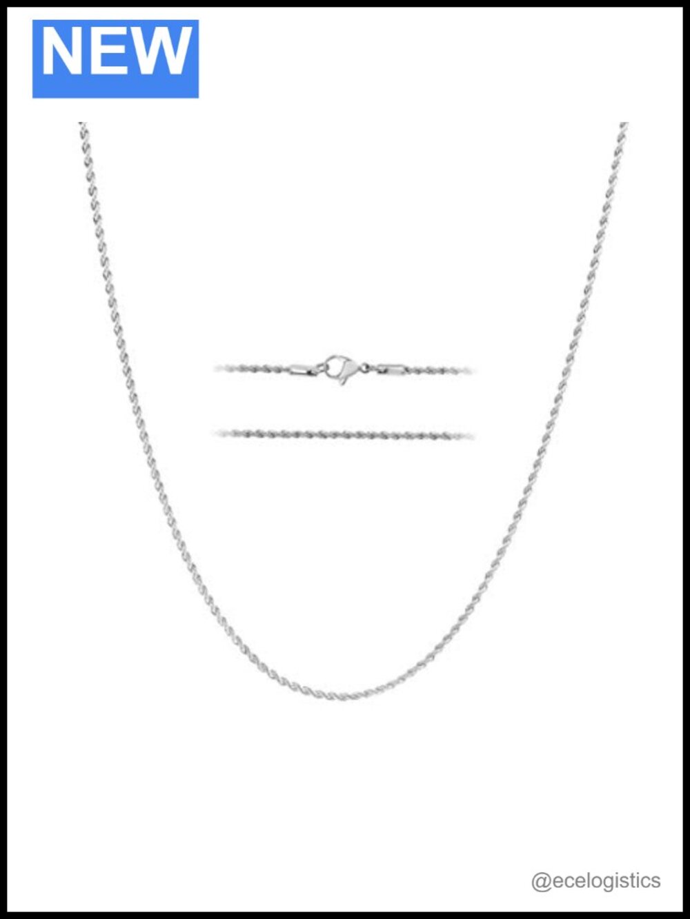2mm White Gold Plated Stainless Steel Rope Chain Necklace 24"